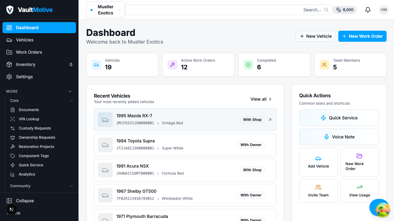 VaultMotive Dashboard - Vehicle documentation and management platform